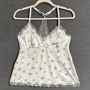 Vintage Laura Ashley Babydoll Top S Cream Purple Floral Lace Fairy Cami 90s y2k